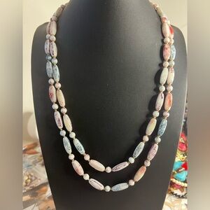 Vintage Czech Glass Picasso Bead Necklace 43” B18